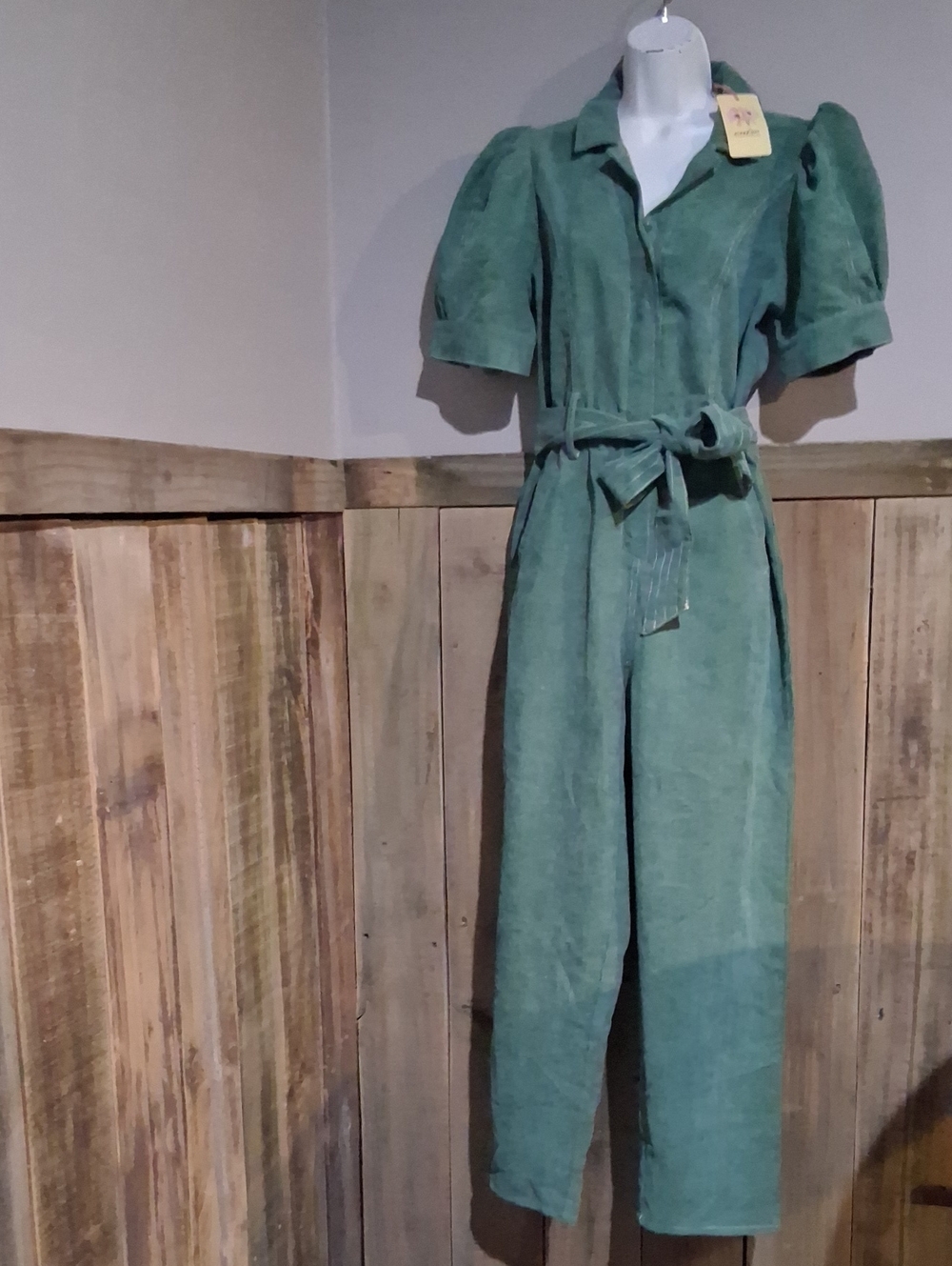 entro Green Puff-Sleeve Tie-Waist Jumpsuit